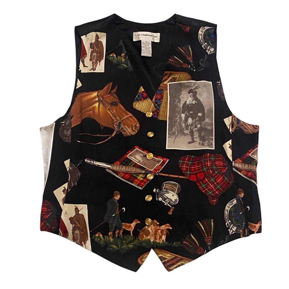 Vintage 90s Liz Claiborne Equestrian Vest Scottish Hunting Size Large